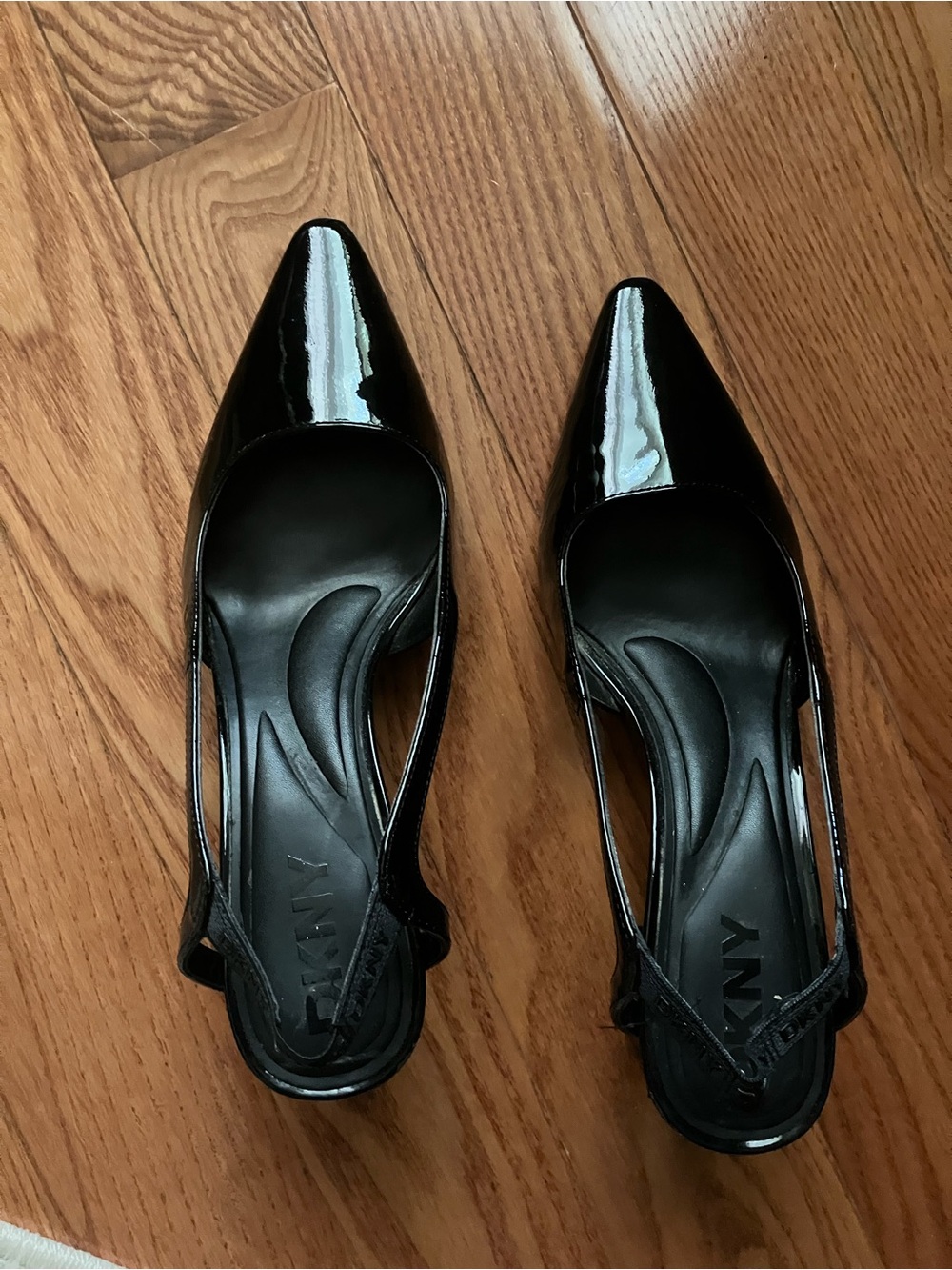 DKNY Black Patent Pointed Slingback Block Heels